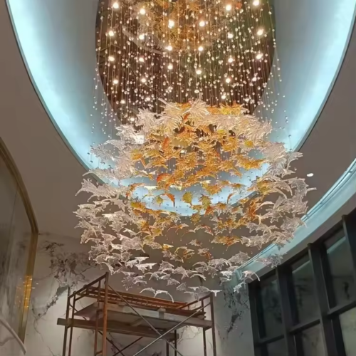 Luxury High Ceiling Maple Leaf Glass Chandelier - Image 4