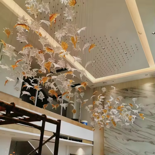 Luxury High Ceiling Maple Leaf Glass Chandelier - Image 3