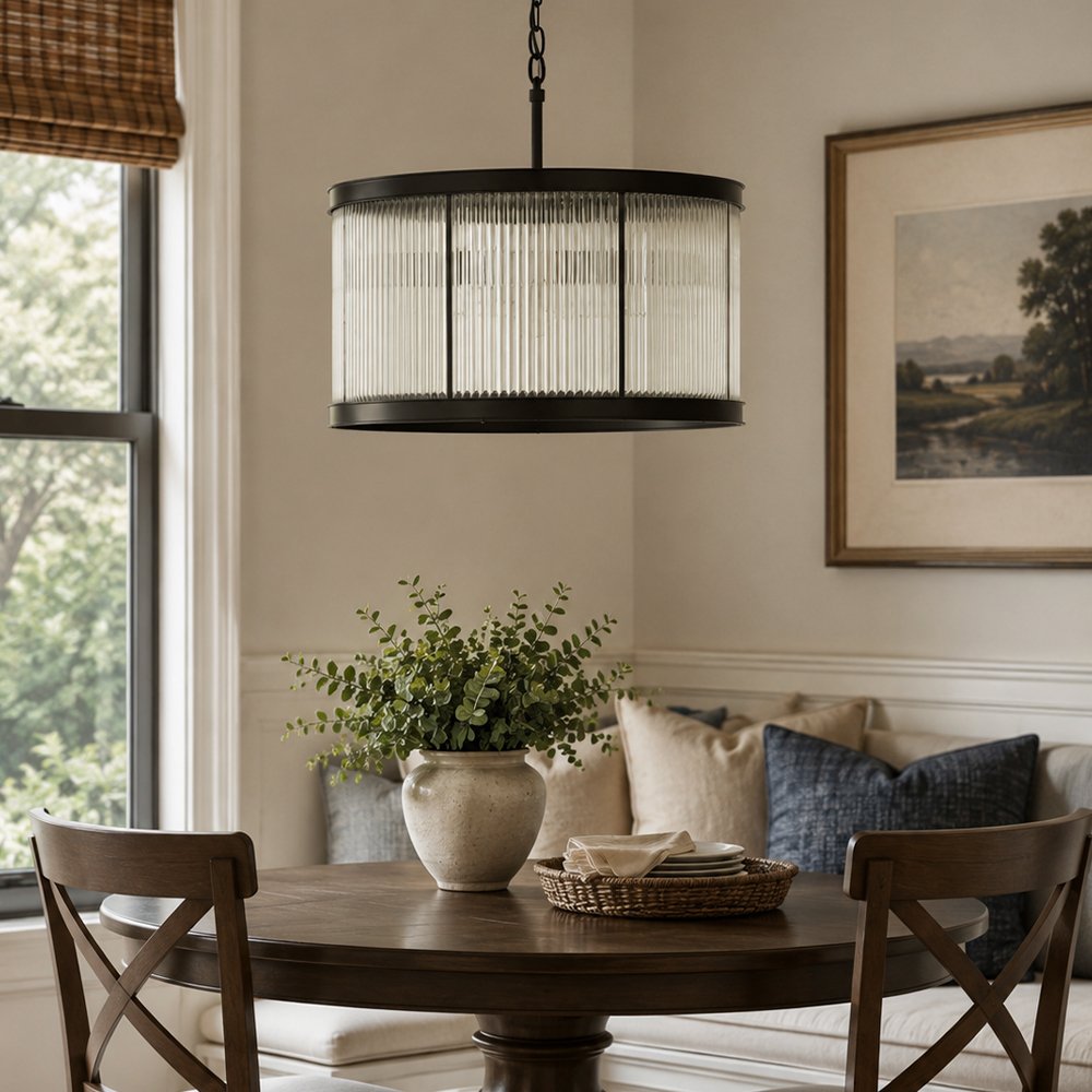Black Ribbed Glass Drum Chandelier - Image 8