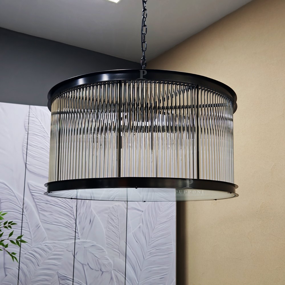 Black Ribbed Glass Drum Chandelier - Image 4