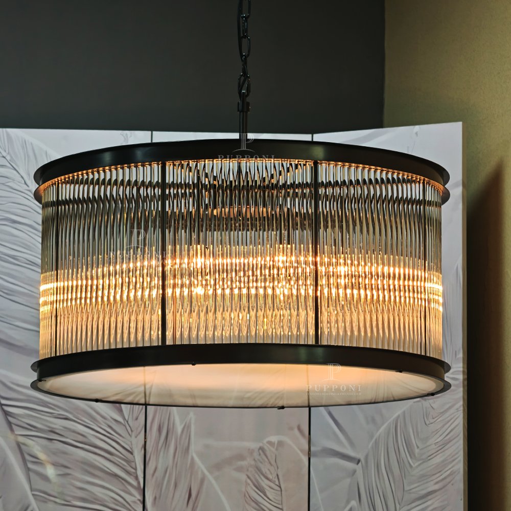 Black Ribbed Glass Drum Chandelier - Image 5