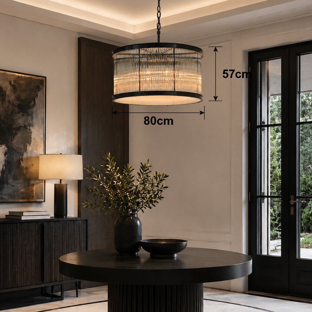 Black Ribbed Glass Drum Chandelier - Image 3