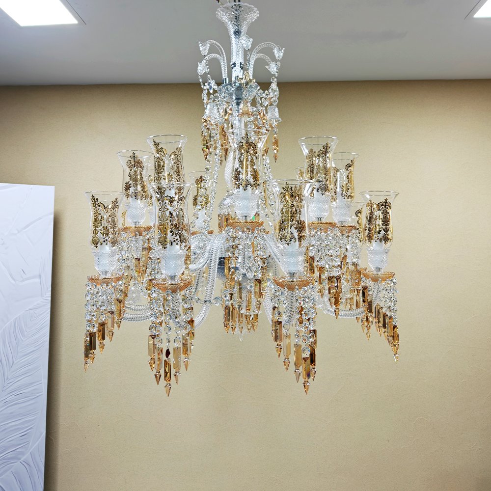 Glass Shade Amber Crystal Chandelier - Image 4