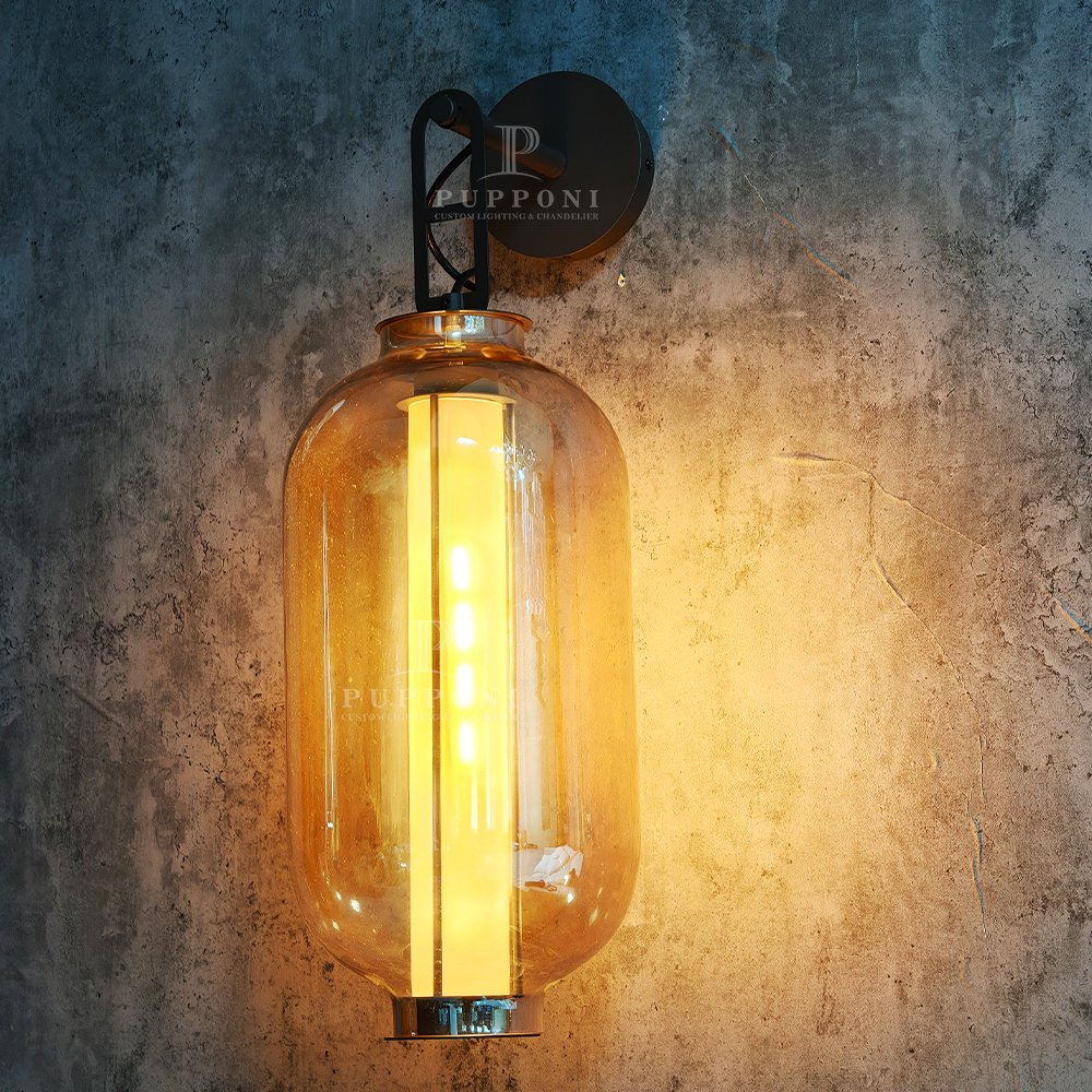 Amber Glass Industrial Wall Sconce - Image 4