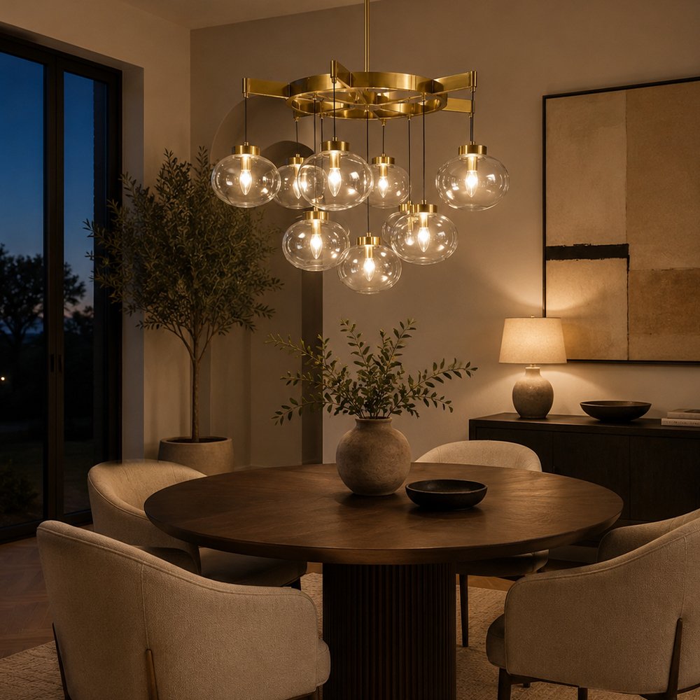 Brass Glass Globe Cluster Chandelier - Image 7