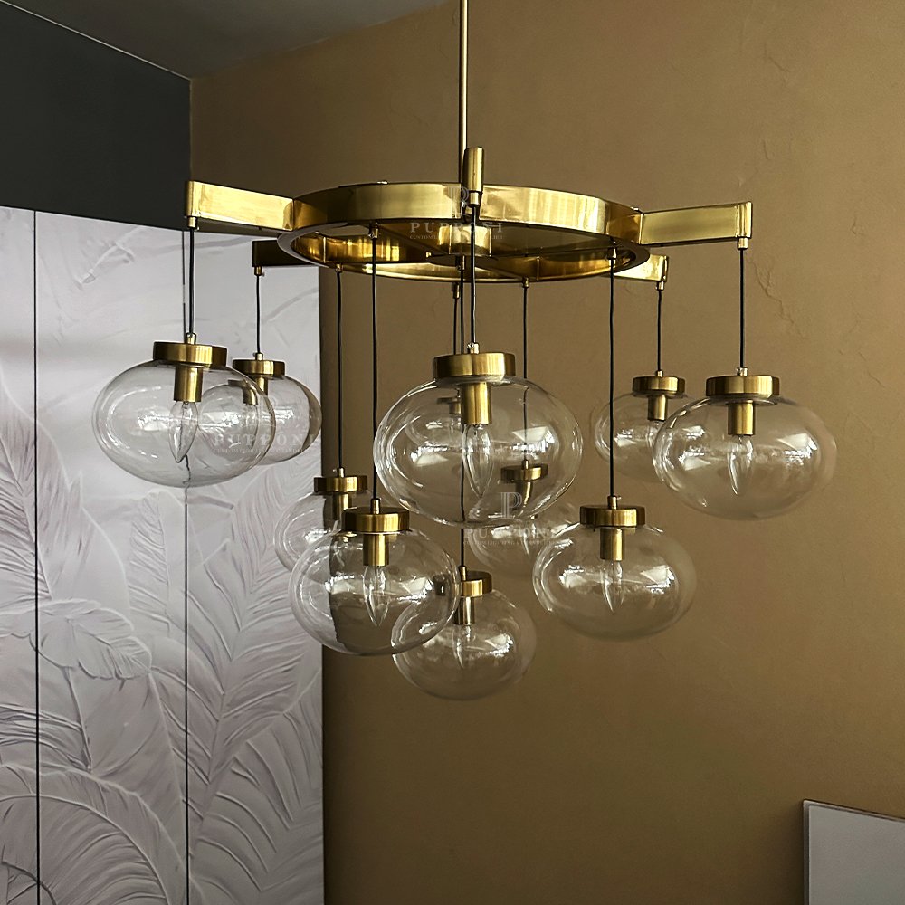 Brass Glass Globe Cluster Chandelier - Image 4