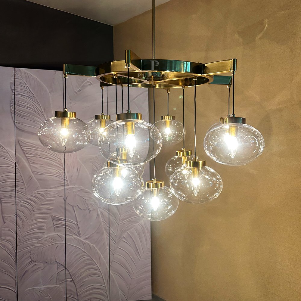 Brass Glass Globe Cluster Chandelier - Image 5